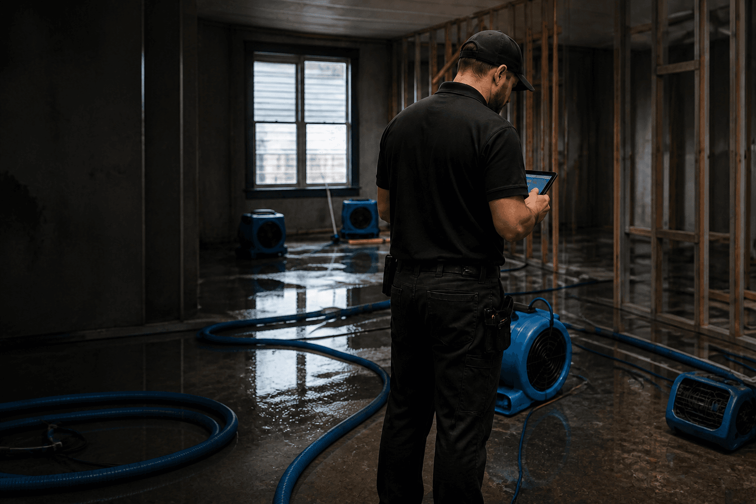 Restoration technician checking a tablet on a water mitigation job site